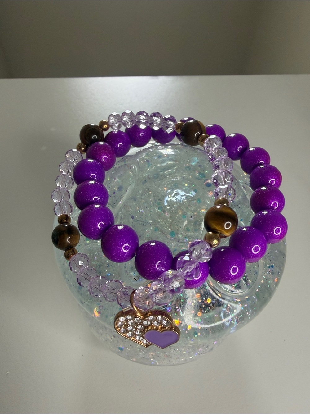 Purple Beaded Heart Charm Bracelet Set - Women Jewelry